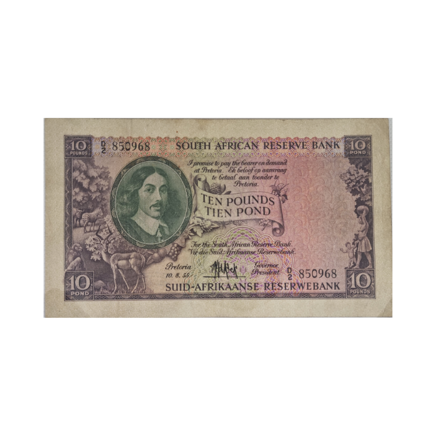 South African Reserve Bank Ten Pound Eng/Afr 10/8/1955 S/N: D2/850968