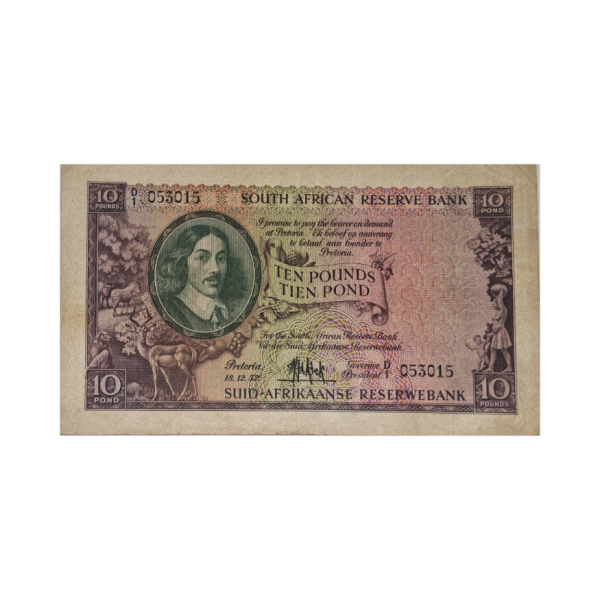 South African Reserve Bank Ten Pound Eng/Afr 18/12/1952 S/N: D1/053015