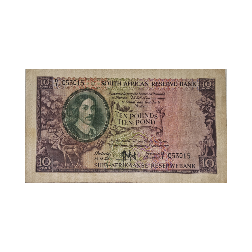 South African Reserve Bank Ten Pound Eng/Afr 18/12/1952 S/N: D1/053015