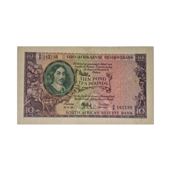 South African Reserve Bank Ten Pound Afr/Eng 19/11/1958 S/N: D4/162188