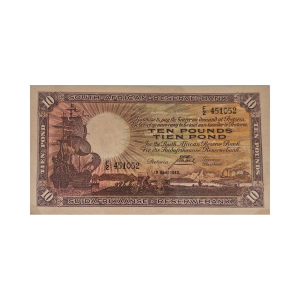 South African Reserve Bank Ten Pound Eng/Afr 19/4/1943 S/N: F2/451052