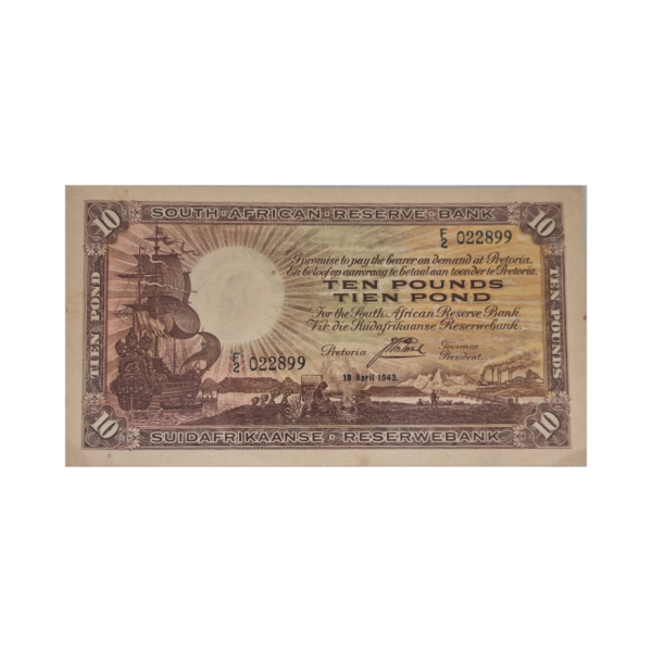 South African Reserve Bank Ten Pound Eng/Afr 19/4/1943 S/N: F2/022899