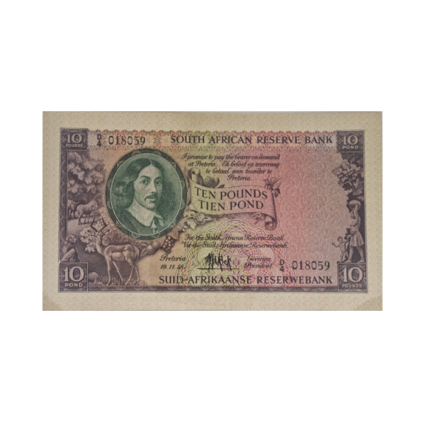 South African Reserve Bank Ten Pound Eng/Afr 19/11/1958 S/N: D4/018059