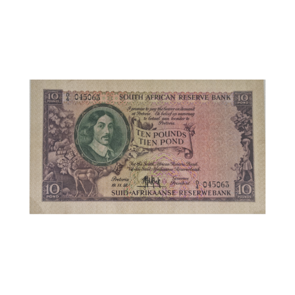 South African Reserve Bank Ten Pounds Eng/Afr 19/11/1958 S/N: D4/045063