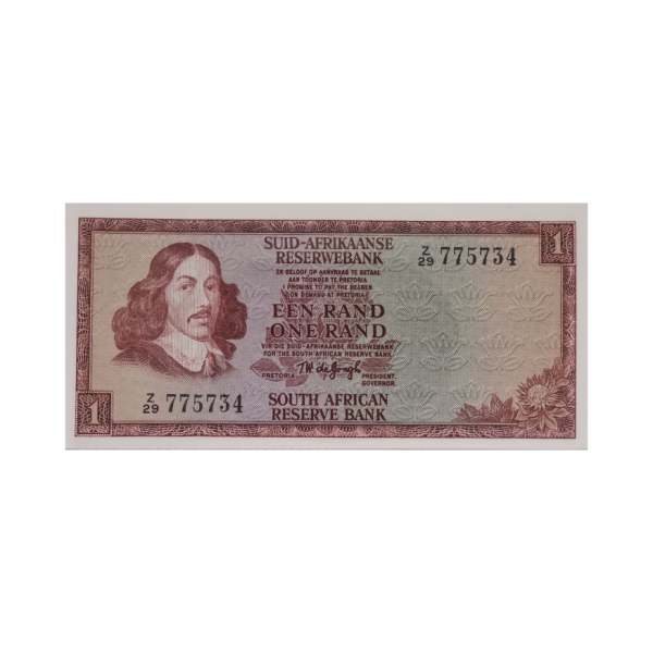South African Reserve Bank One Rand Afr/Eng 1973 S/N: Z29/775734