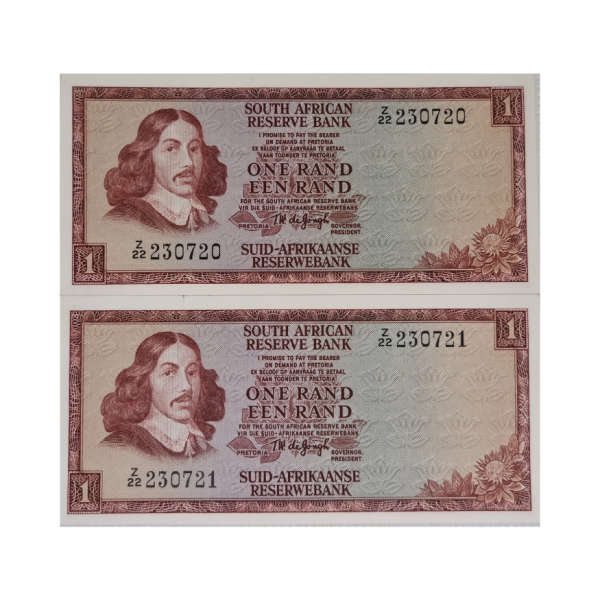 South African Reserve Bank One Rand Eng/Afr 1973 S/N: Z22/230720-230721 in sequence