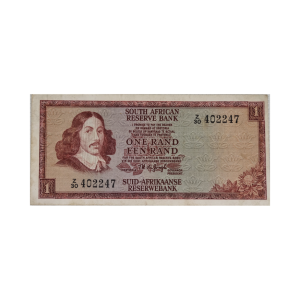 South African Reserve Bank One Rand Eng/Afr 1973 S/N: Z30/402247