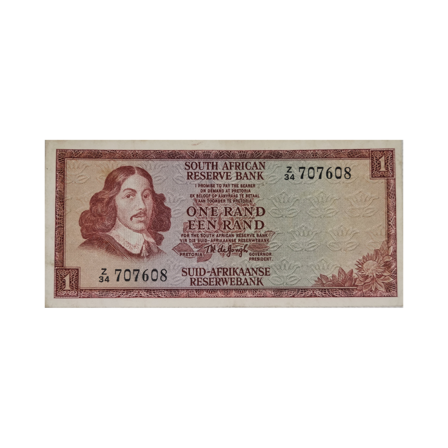 South African Reserve Bank One Rand Eng/Afr 1975 S/N: Z34/707608