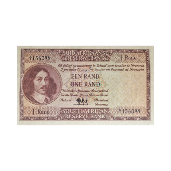 South African Reserve Bank One Rand 1961 Afr/Eng S/N: A1/136098