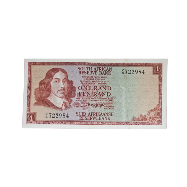 South African Reserve Bank One Rand 1967 Eng/Afr S/N: Z4/722984