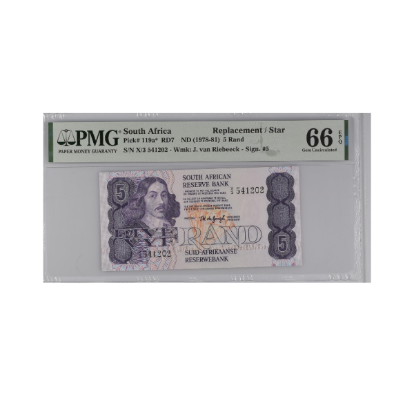 South Africa, Reserve Bank Replacement / Star Pick#119a* RD7 5 Rand ND (1978-81) S/N X/3 51202 Wmk: J. van Riebeeck - Sign. #5 66 EPQ
