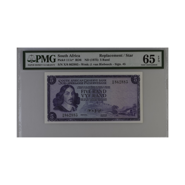 South Africa, Reserve Bank Replacement /Star Pick# 111c*RD6 5 Rand ND (1975) S/N X/8 862883 - Wmk: J. van Riebeeck - Sign #5 65 EPQ