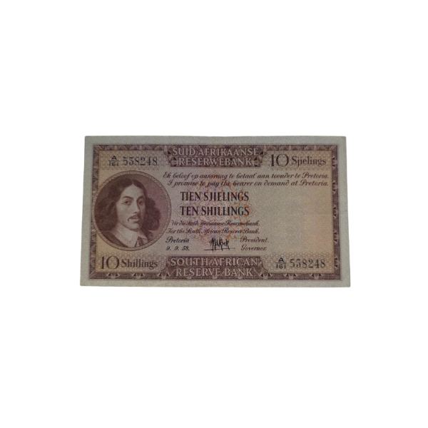 Suid-Afrikaanse Reserwe Bank Tien Sjielings Afr/Eng 9/9/1958 S/N: A161/538248