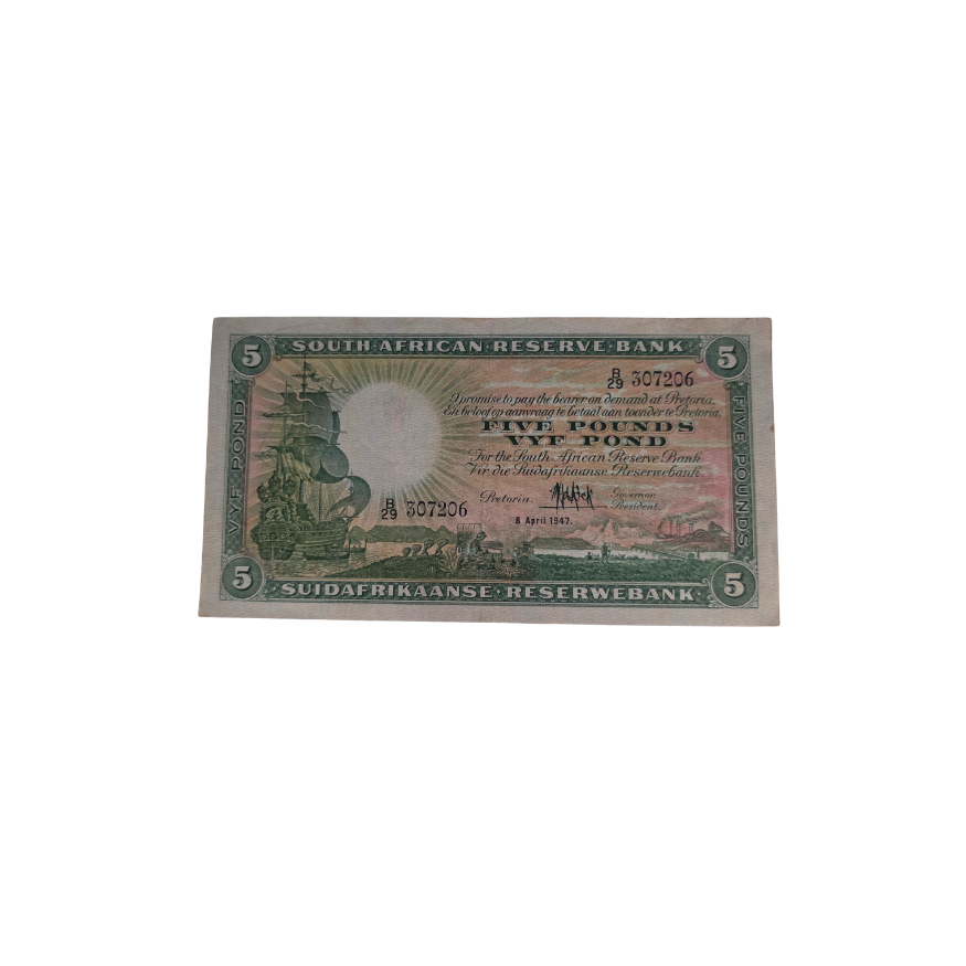 South African Reserve Bank Five Pounds Eng/Afr 8/4/1947 S/N: B29/307206