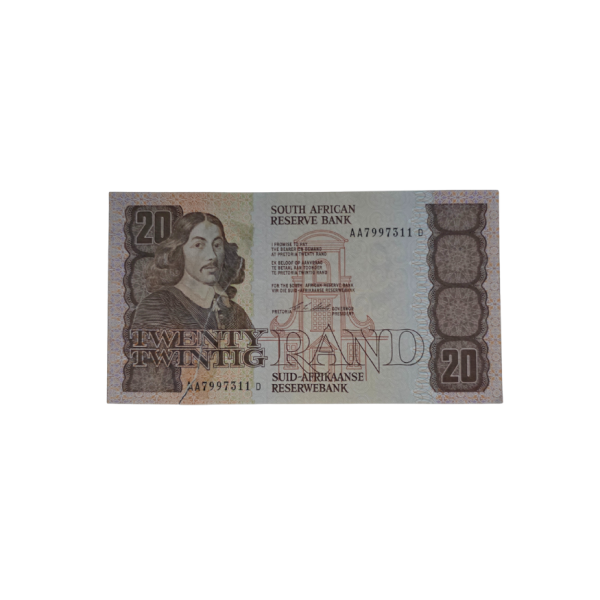 South African Reserve Bank Twenty Rand Eng/Afr ERROR (torn) 1990 S/N: AA7997311