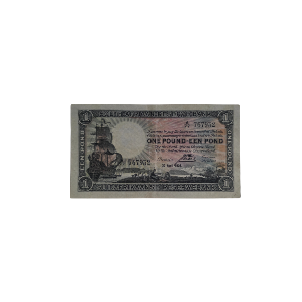 South African Reserve Bank One Pound 30/4/1938 S/N: A77/767932