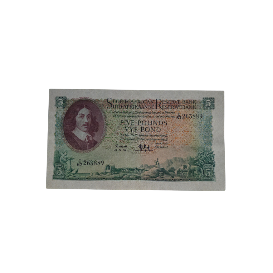 South African Reserve Bank Five Pounds Eng/ Afr 13/11/1958 - UNC S/N: C67/263889