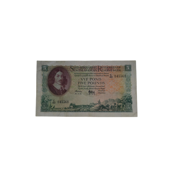 Suid-Afrikaanse Reserwe Bank Vyf Rand Afr/Eng 21/4/1955 S/N: C40/143361