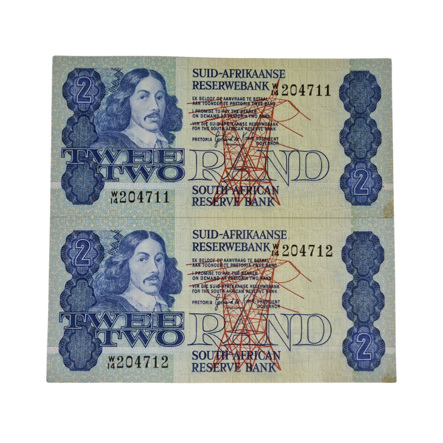 South African Reserve Bank Two Rand 1981 Afr/Eng S/N W14/20471 - 20472 in sequence