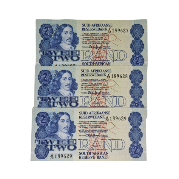 South African Reserve Bank Two Rand 1978 Eng/Afr S/N A73/189627 - 189629 in sequence