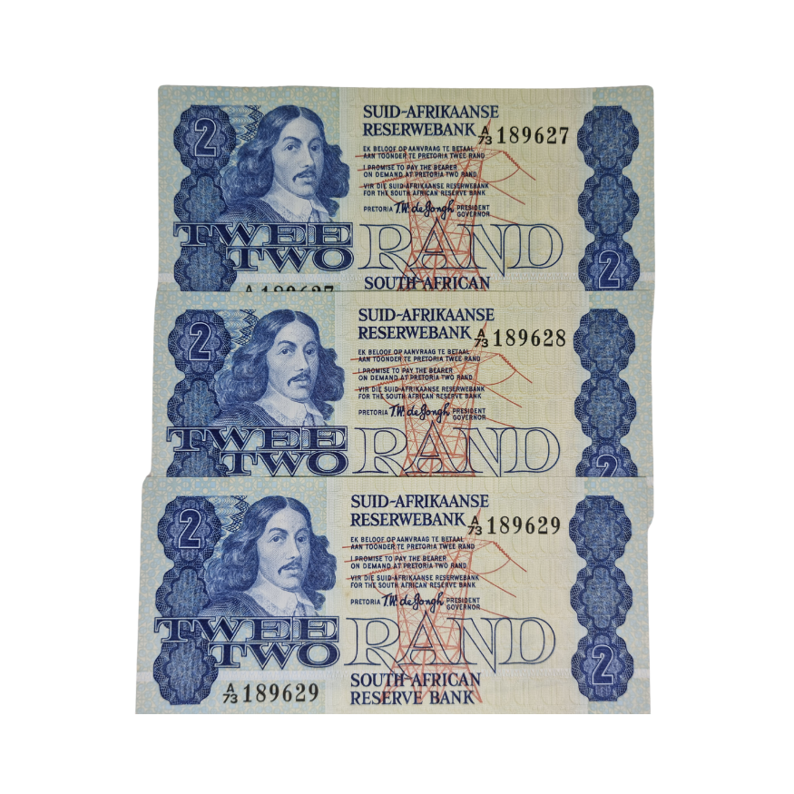 South African Reserve Bank Two Rand 1978 Eng/Afr S/N A73/189627 - 189629 in sequence