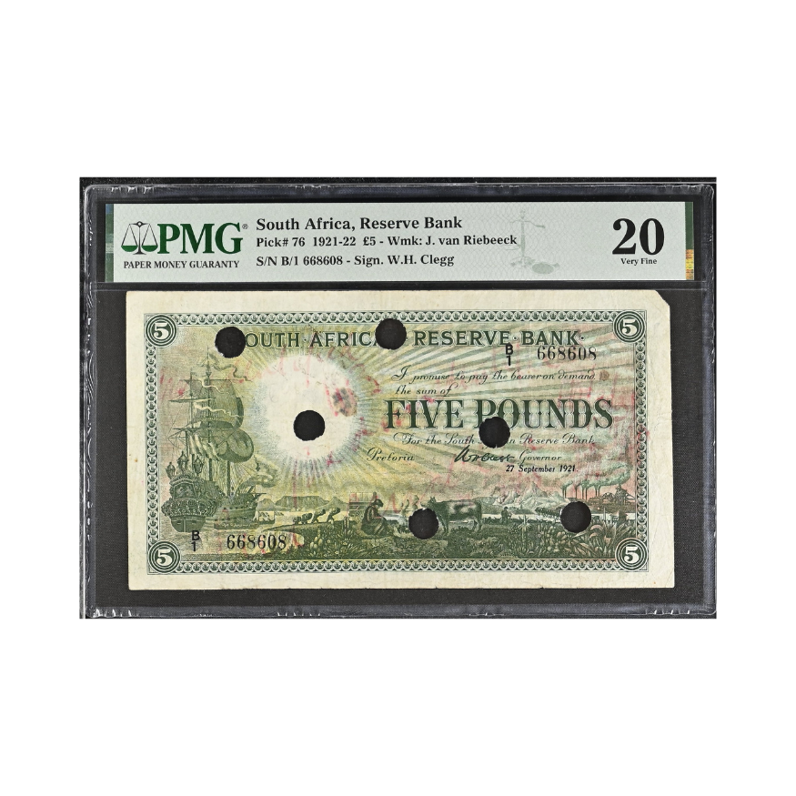 South African Reserve Bank Five Pounds Eng/Afr 27/09/1921 S/N: B1/668608 (Very Fine 20)