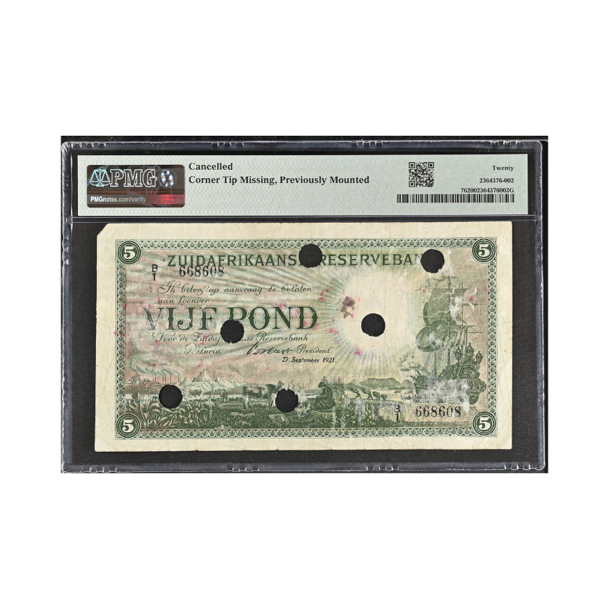 South African Reserve Bank Five Pounds Eng/Afr 27/09/1921 S/N: B1/668608 (Very Fine 20) - Image 2