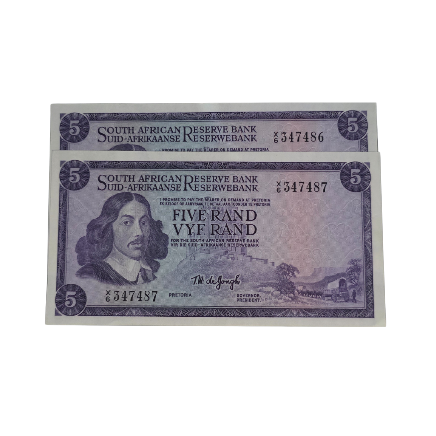 South African Reserve Bank Five Rand 1967 S/N: X6/347486, X6/347487