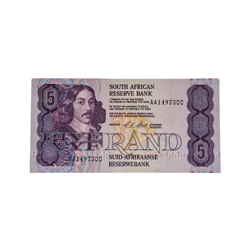 South African Reserve Bank Five Rand 1990 Eng/Afr S/N: AA1497300