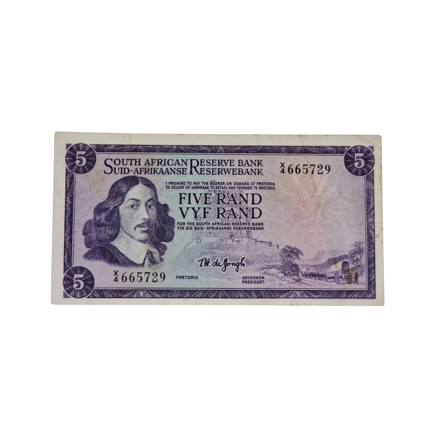South African Reserve Bank Five Rand 1967 Eng/Afr S/N: X4/665729