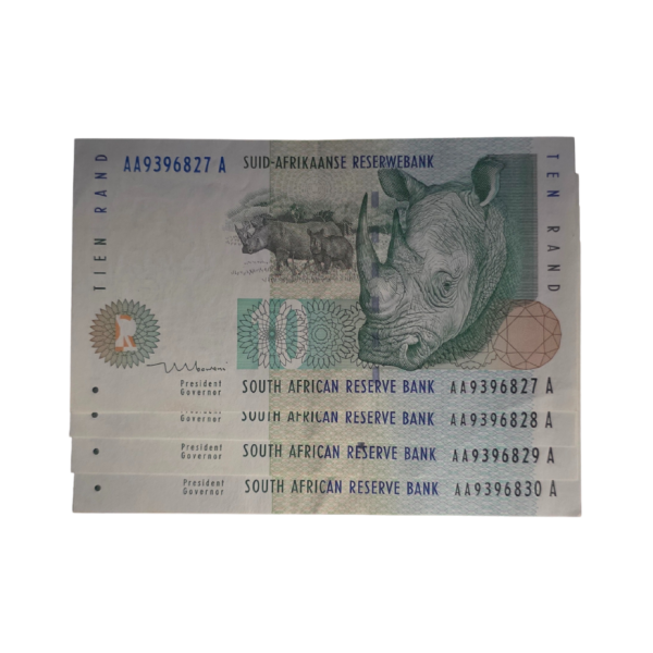 South African Reserve Bank Ten Rand 1990 Afr/Eng S/N: AA9396827A - 30A in sequence