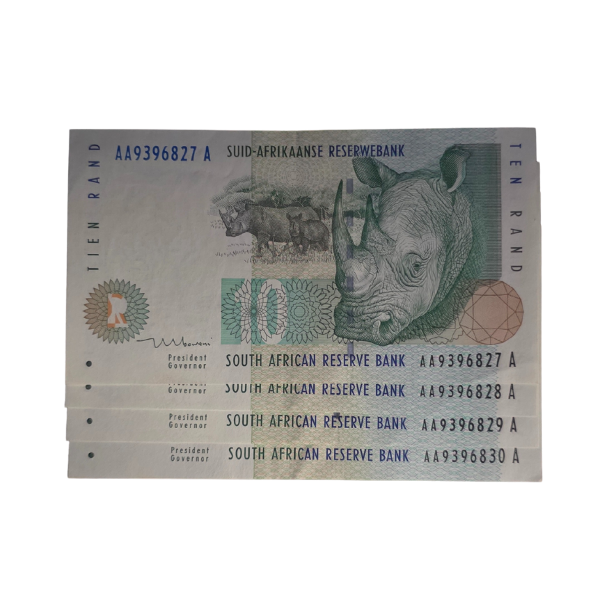 South African Reserve Bank Ten Rand 1990 Afr/Eng S/N: AA9396827A - 30A in sequence