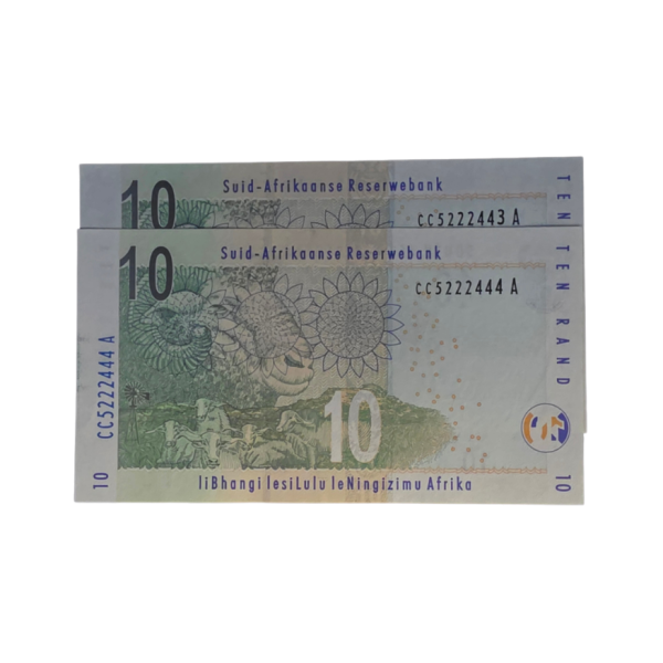 South African Reserve Bank Ten Rand 2009 S/N: CC5222443-4 A in sequence