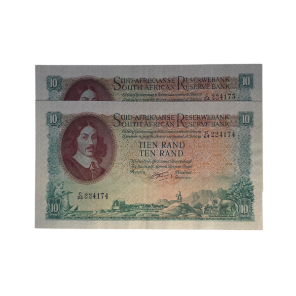 South African Reserve Bank Ten Rand 1943 Afr/Eng S/N: C24/224173-4 in sequence