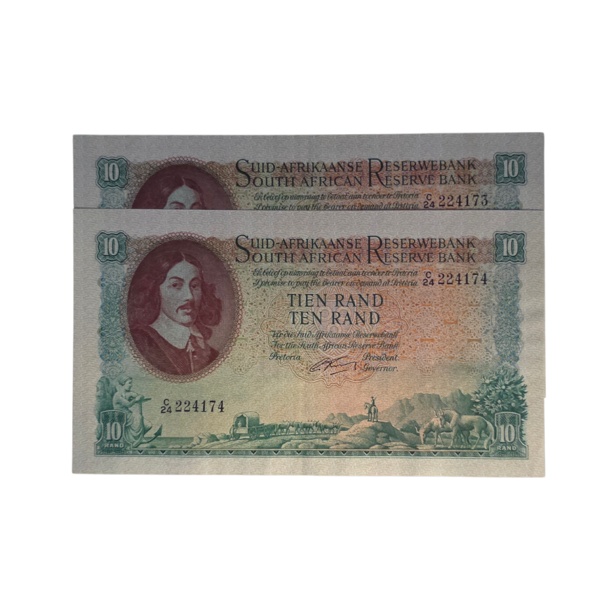South African Reserve Bank Ten Rand 1943 Afr/Eng S/N: C24/224173-4 in sequence