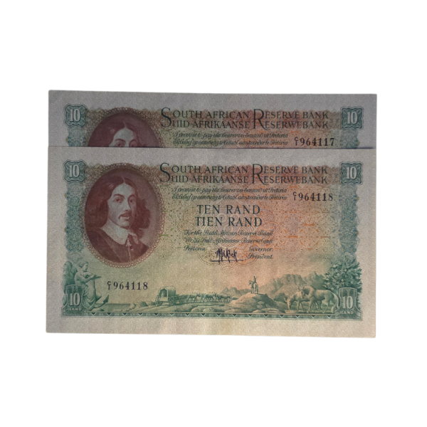 South African Reserve Bank Ten Rand 1961 Eng/Afr S/N: C1/964117-8 in sequence