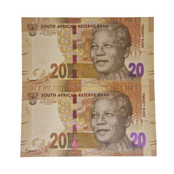 South African Reserve Bank Twenty Rand 2014 S/N: AA6001210-11 B in sequence