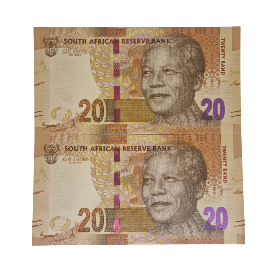 South African Reserve Bank Twenty Rand 2014 S/N: AA6001210-11 B in sequence