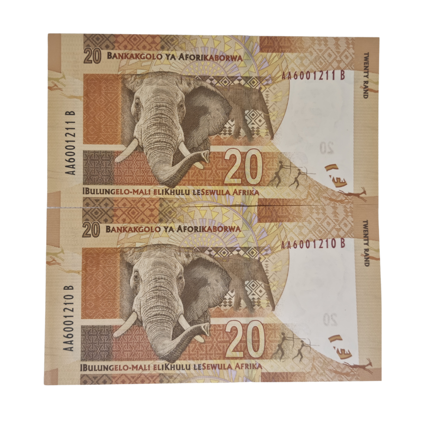 South African Reserve Bank Twenty Rand 2014 S/N: AA6001210-11 B in sequence - Image 2
