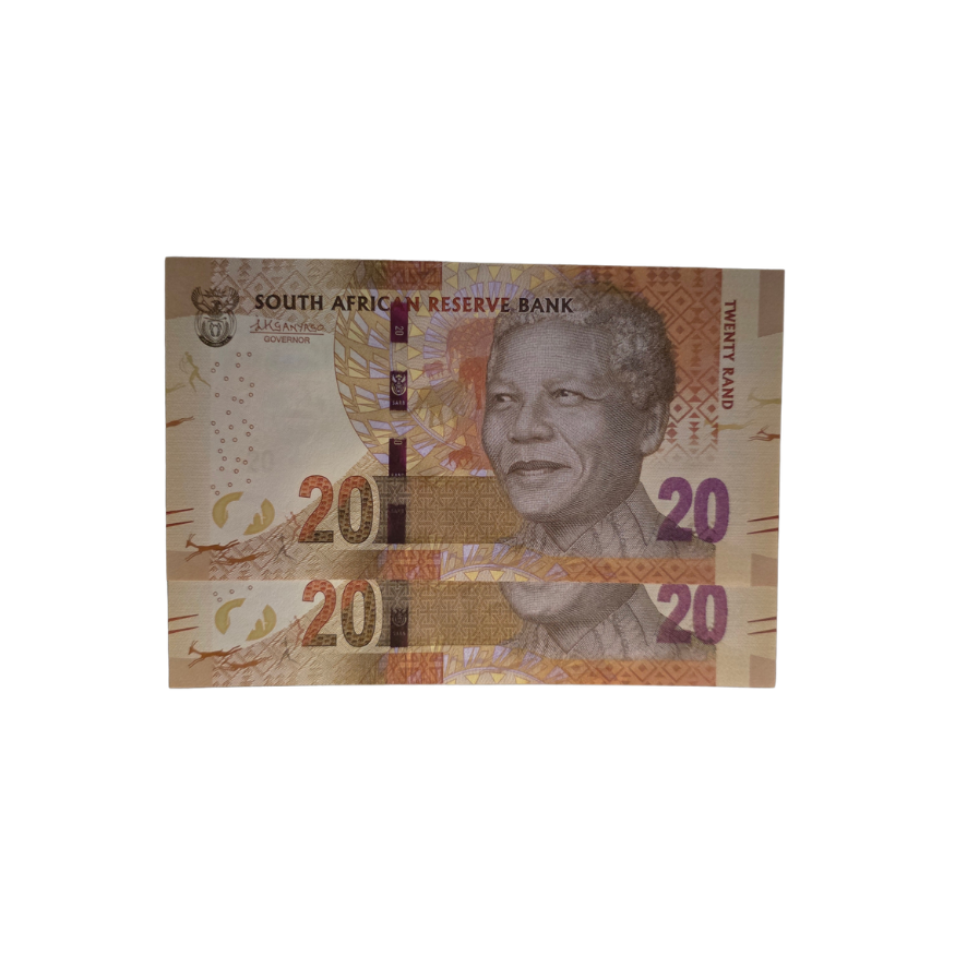 South African Reserve Bank Twenty Rand- 2014 Eng/Afr (in sequence) S/N: LG1804680 B - LG1804681 B