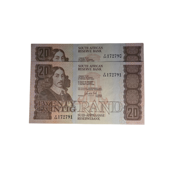 South African Reserve Bank Twenty Rand- in sequence Eng/Afr S/N: Z54/172790 - 172791 Hern: 682