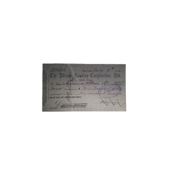 The African Banking Corporation Cape Of Good Hope Bank Check 1892