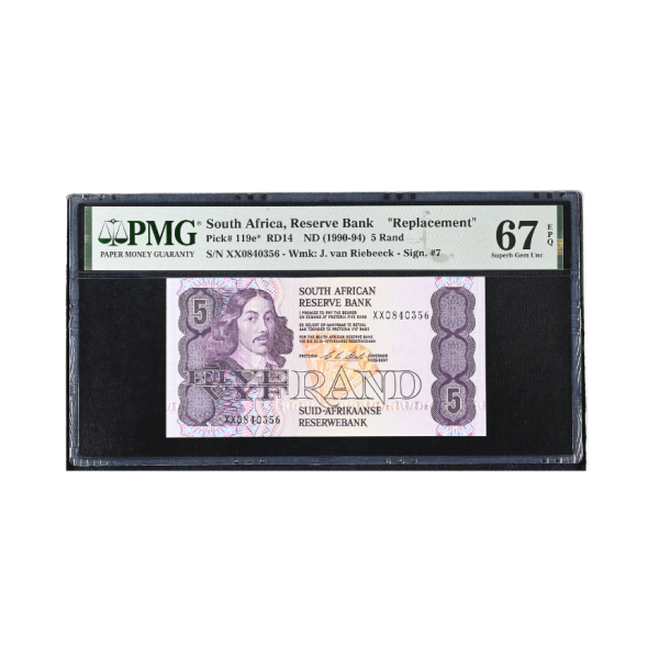 South Africa Reserve Bank 5 Rand 1990-94 S/N XX0840356 Replacement Note (Superb Gem Unc 67)