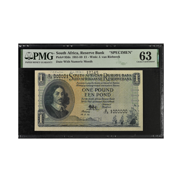 South African Reserve Bank One Pound 1951-1959 Eng/Afr "Specimen" S/N: B173/1000000 (Choice Uncirculated 63)