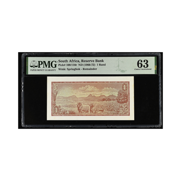 South African Reserve Bank One Rand 1966-1972 "Remainder" (Choice Uncirculated 63)
