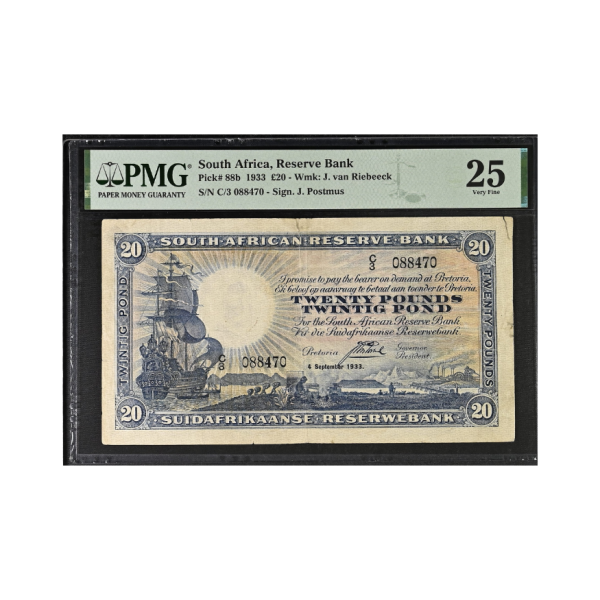 South African Reserve Bank Twenty Pounds Eng/Afr 1933 S/N: C/3 088470 (Very Fine 25)