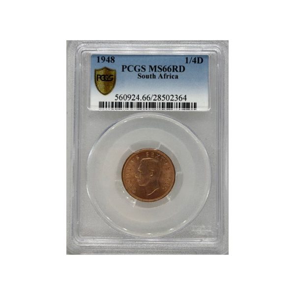 1948 South Africa 1/4 Penny MS 66 RD PCGS. Finest Known Stand Alone