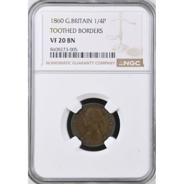 1860 Great Britain 1/4 Penny Toothed Borders VF 20 BN NGC