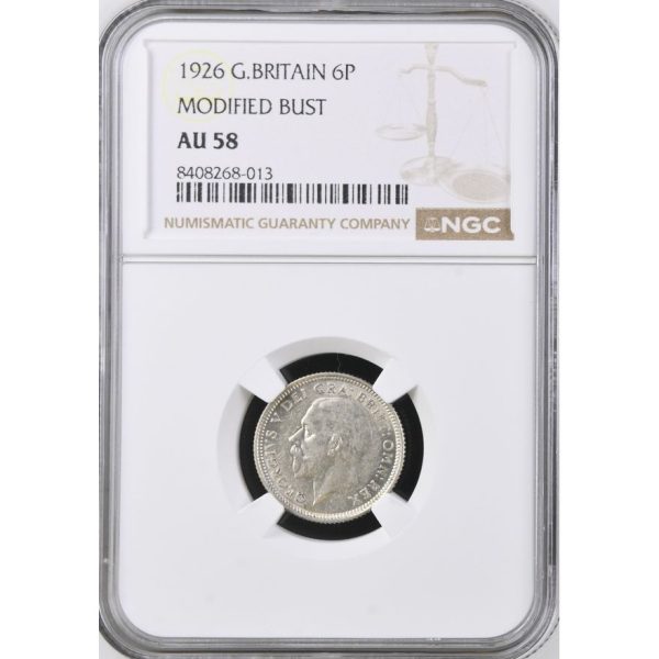 1926 Great Britain 6 Pence Modified Bust AU 58 NGC