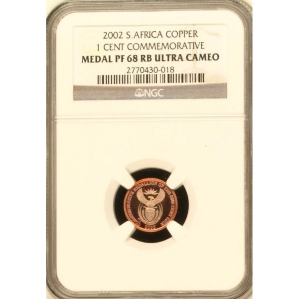 2002 South Africa 1 Cent Commemorative Medal PF 68 RB Ultra Cameo NGC. Finest Known Stand Alone